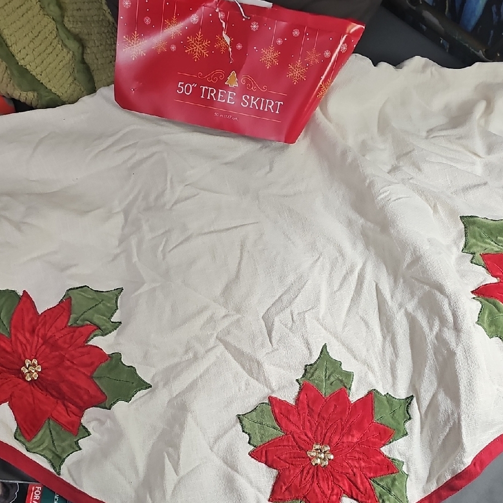 Festive Cream and Red Poinsettia Tree Skirt